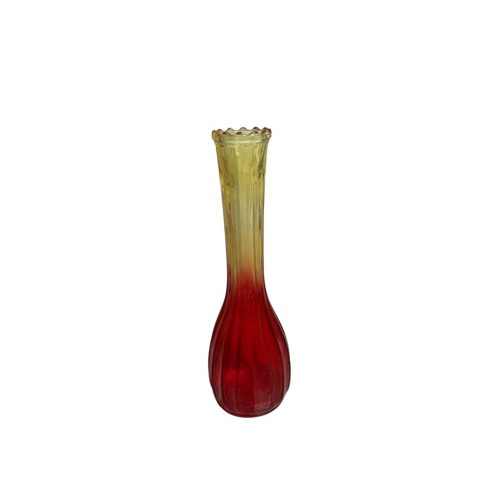 Vintage Amberina Glass Bud Vase Red Yellow Ombre Scalloped Rim Ribbed 8.5 Inch